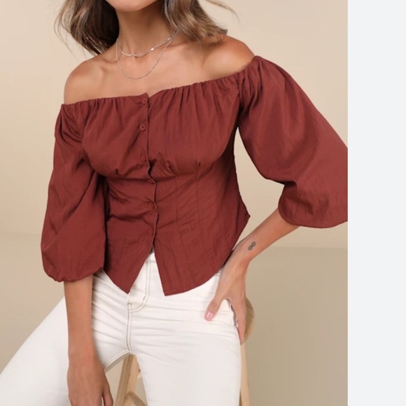 NWT Lulus Delighted Approach Brown Off Shoulder Puff Sleeve Blouse - Picture 1 of 7